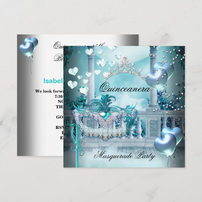 Invitación Fiesta de cumpleaños Verde azulado de Quinceanera  (Anverso / Reverso)