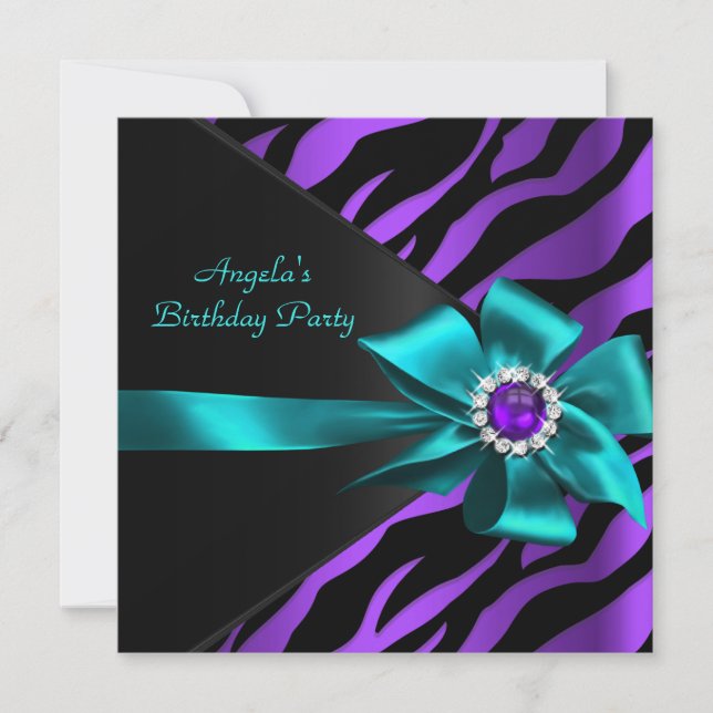 Invitación Fiesta de cumpleaños Verde azulado morado de cebra (Anverso)
