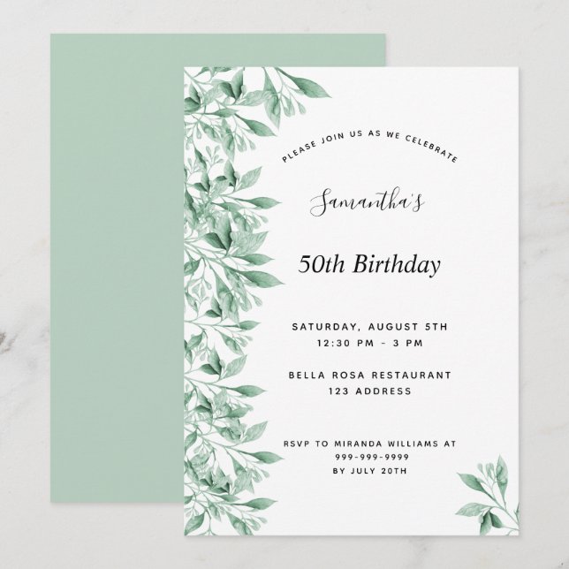 Invitación Fiesta de cumpleaños verde blanco botánico floral  (Anverso / Reverso)