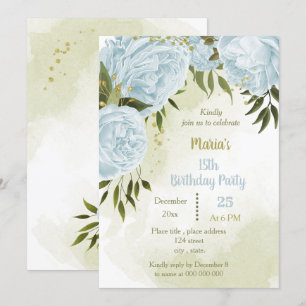 Invitación fiesta de cumpleaños verde de flores azules