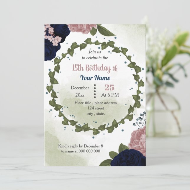 Invitación fiesta de cumpleaños verde de flores de marina ros (Anverso de pie)