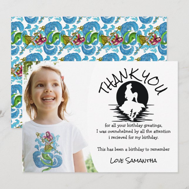 Invitación Fiesta de cumpleaños verde de Sirena Gracias (Anverso / Reverso)