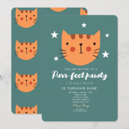 Invitación Fiesta de cumpleaños verde de un Naranja de gato l