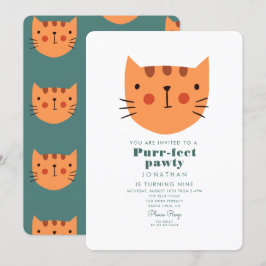 Invitación Fiesta de cumpleaños verde de un Naranja de gato l