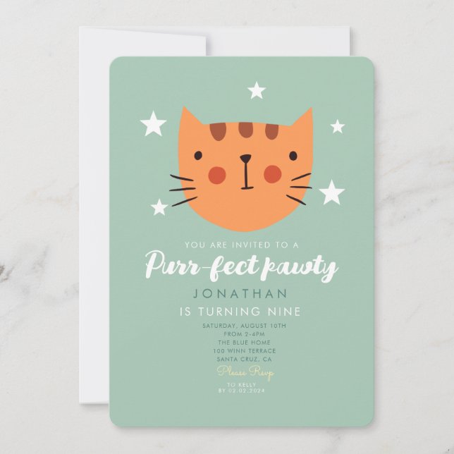 Invitación Fiesta de cumpleaños verde de un Naranja de gato l (Anverso)
