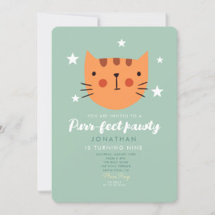 Invitación Fiesta de cumpleaños verde de un Naranja de gato l