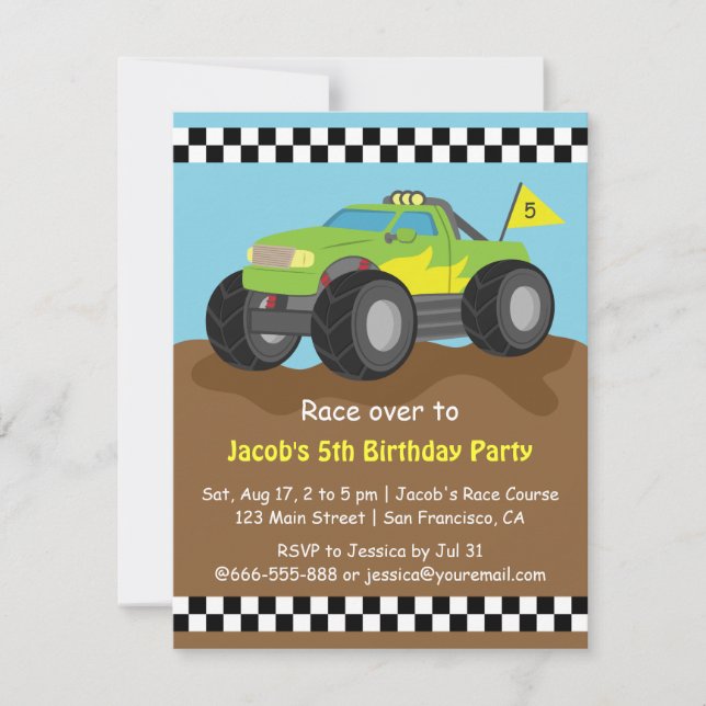 Invitación Fiesta de cumpleaños verde del monster truck (Anverso)