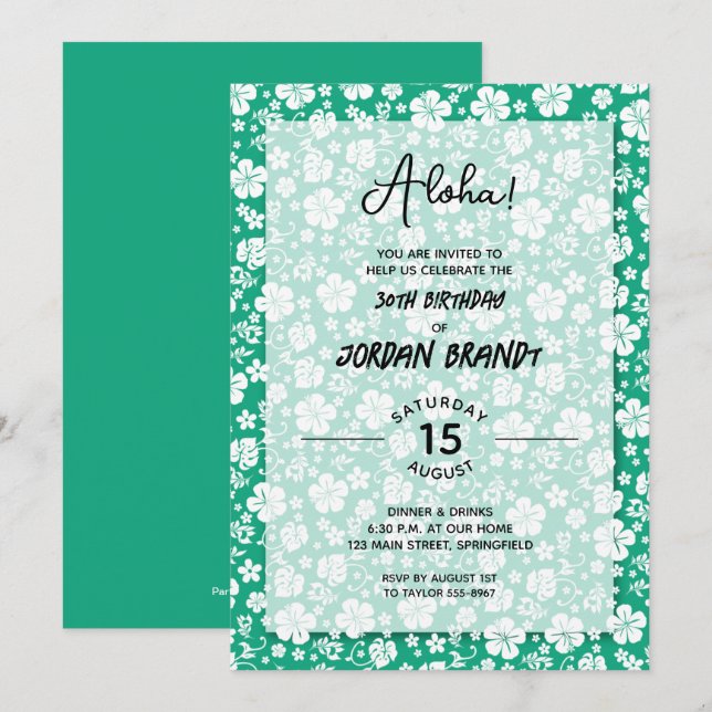 Invitación Fiesta de cumpleaños verde floral Aloha Hawaiian (Anverso / Reverso)
