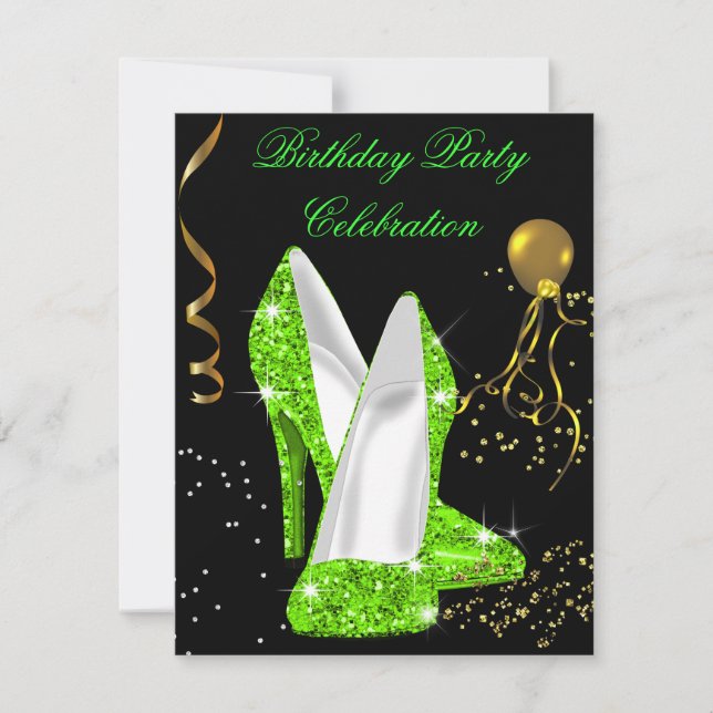 Invitación Fiesta de Cumpleaños Verde Lima Dorado Brillante (Anverso)