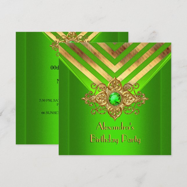 Invitación Fiesta de Cumpleaños Verde Lima Dorado Deco Rayado (Anverso / Reverso)