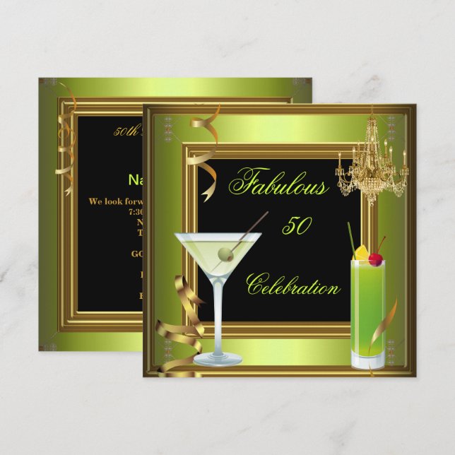 Invitación Fiesta de Cumpleaños Verde Oro Celebración de los  (Anverso / Reverso)
