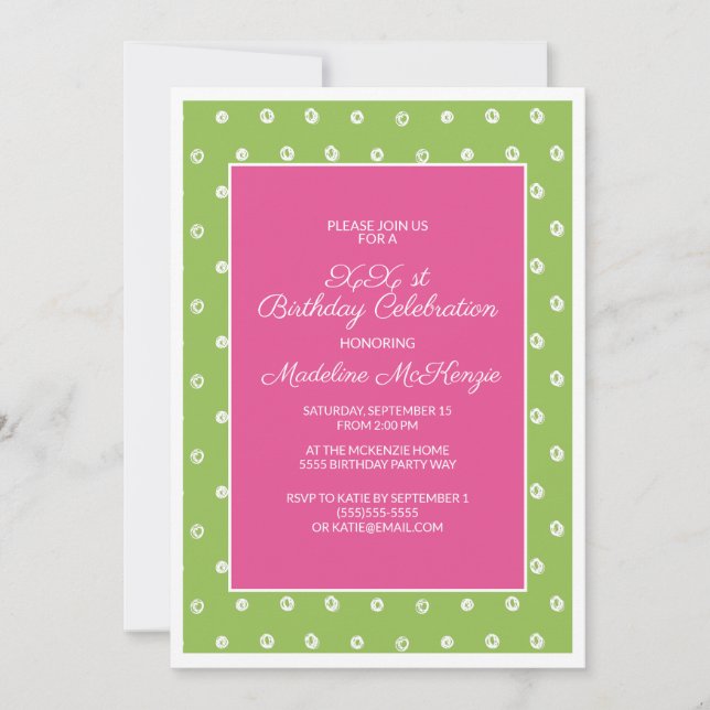 Invitación Fiesta de Cumpleaños Verde Rosa con Lunares Blanco (Anverso)