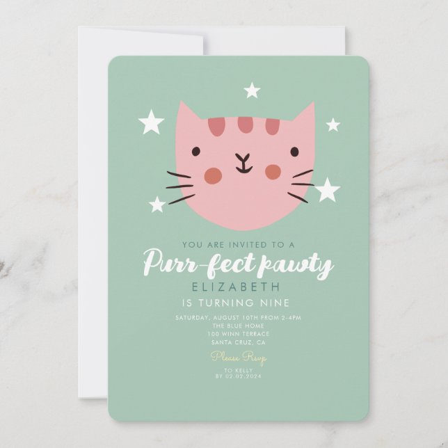 Invitación Fiesta de cumpleaños verde rosado de gato lindo (Anverso)