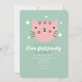 Invitación Fiesta de cumpleaños verde rosado de gato lindo