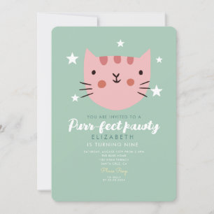 Invitación Fiesta de cumpleaños verde rosado de gato lindo