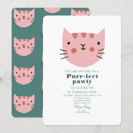 Invitación Fiesta de cumpleaños verde rosado de gato lindo