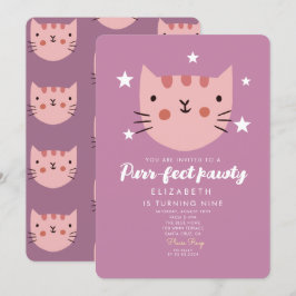 Invitación Fiesta de cumpleaños verde rosado de gato lindo