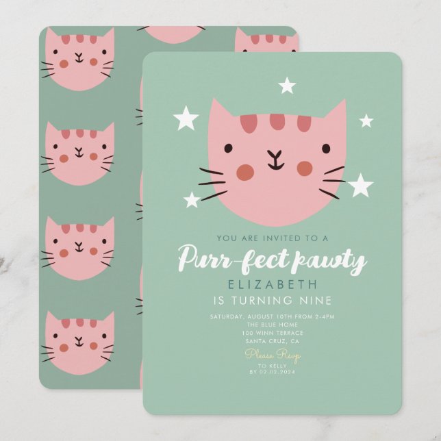 Invitación Fiesta de cumpleaños verde rosado de gato lindo (Anverso / Reverso)