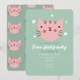 Invitación Fiesta de cumpleaños verde rosado de gato lindo