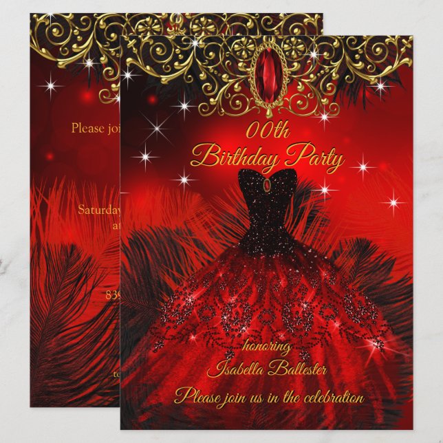 Invitación Fiesta de Cumpleaños Vestido Rojo Plumas Negras Do (Anverso / Reverso)