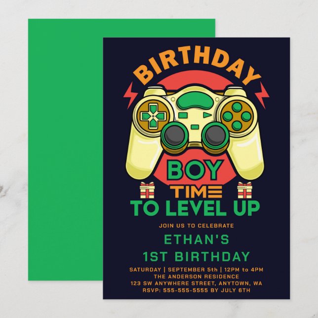 Invitación Fiesta de cumpleaños Video Juegos Suben de Nivel (Anverso / Reverso)