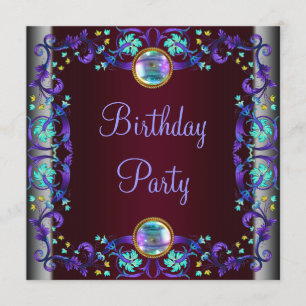 Invitación Fiesta de cumpleaños vino tinto púrpura azul turqu