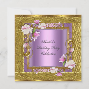 Invitación Fiesta de Cumpleaños Vintage Floral Dorado Lila Ro