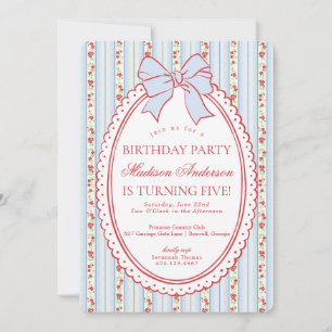 Invitación Fiesta de Cumpleaños Vintage Floral Rojo y Azul El
