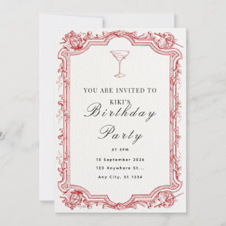 Invitación Fiesta de cumpleaños vintage ilustrada en rojo