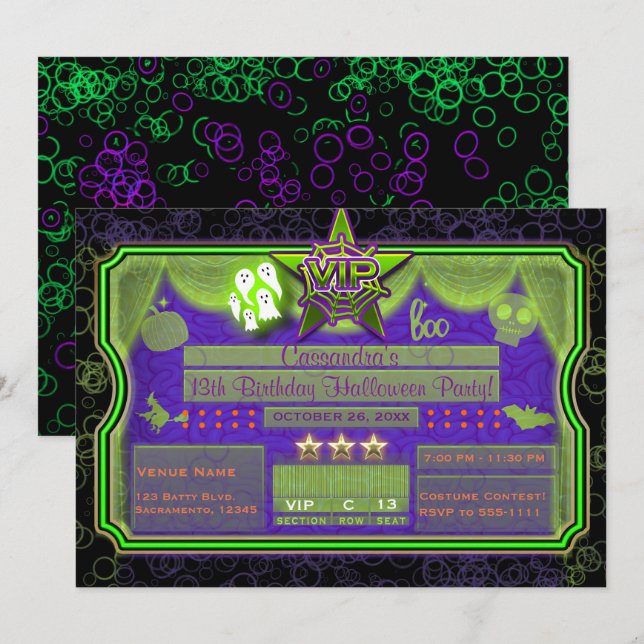 Invitación Fiesta de cumpleaños VIP de Halloween con luces ve (Anverso / Reverso)