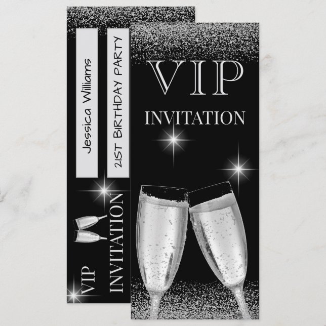 Invitación Fiesta de cumpleaños VIP Glitzy Silver (Anverso / Reverso)