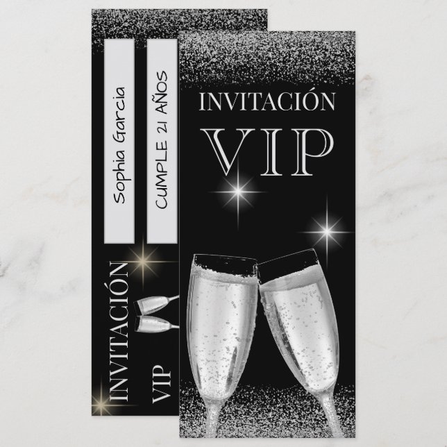 Invitación Fiesta de cumpleaños VIP plateada glitzy española (Anverso / Reverso)