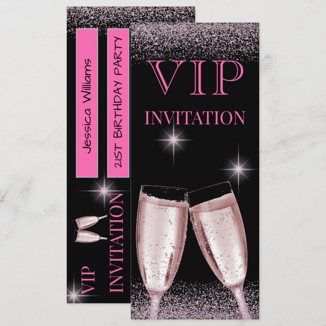 Invitación Fiesta de cumpleaños VIP rosa brillante (Anverso / Reverso)