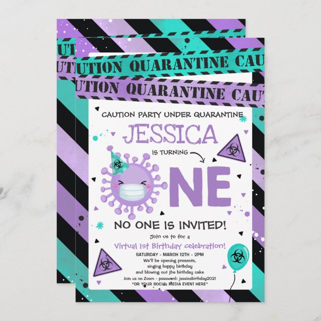 Invitación Fiesta de cumpleaños virtual 1 Cuarentena primer c (Anverso / Reverso)