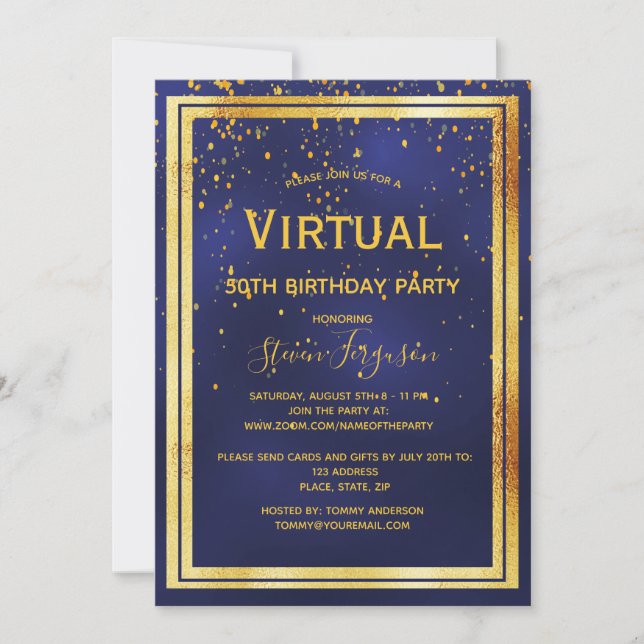 Invitación Fiesta de cumpleaños virtual 50 confeti de oro azu (Anverso)