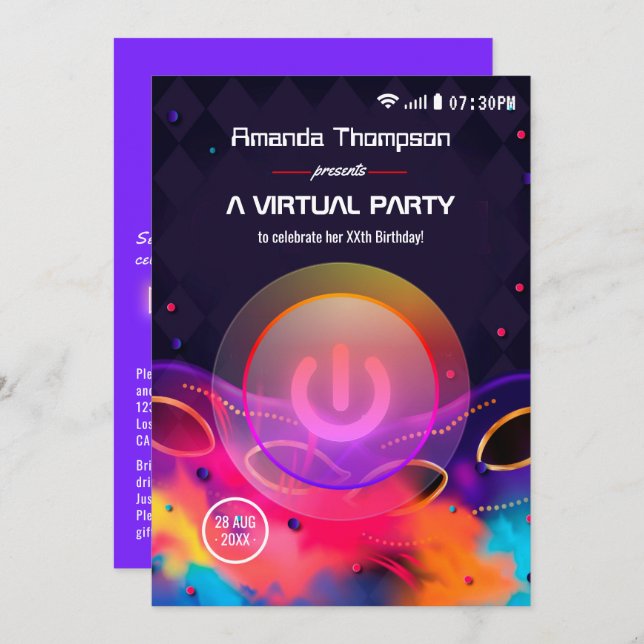 Invitación Fiesta de cumpleaños virtual brillante (Anverso / Reverso)