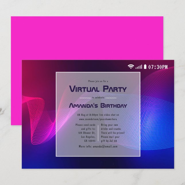 Invitación Fiesta de Cumpleaños Virtual con Brillo en Rosa In (Anverso / Reverso)