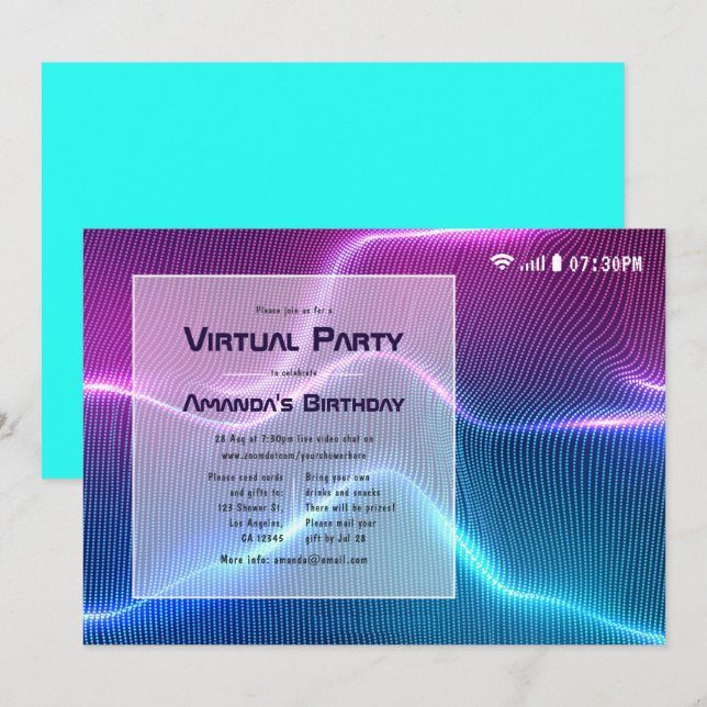 Invitación Fiesta de cumpleaños virtual con brillo rosa y azu (Anverso / Reverso)