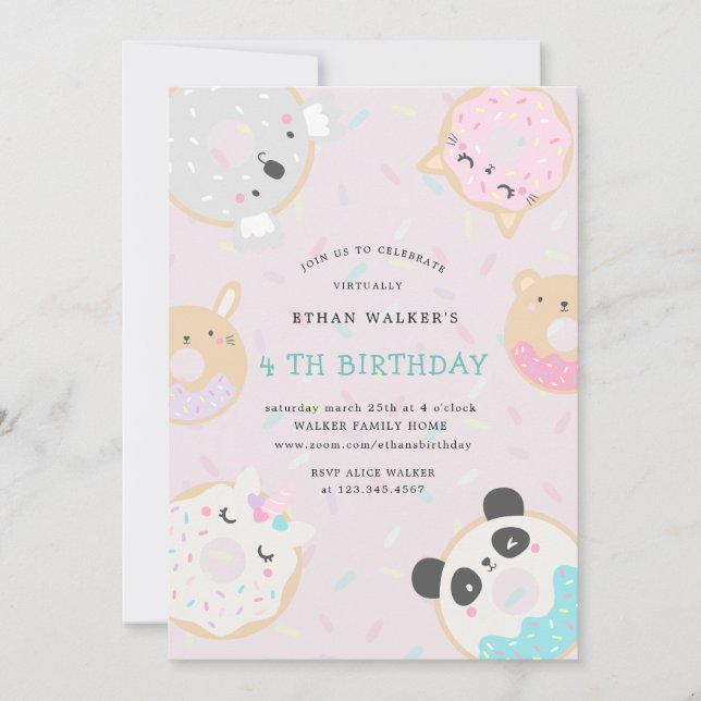 Invitación fiesta de cumpleaños virtual de animal donuts (Anverso)
