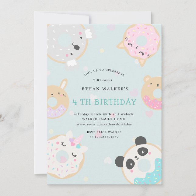 Invitación fiesta de cumpleaños virtual de animal donuts (Anverso)