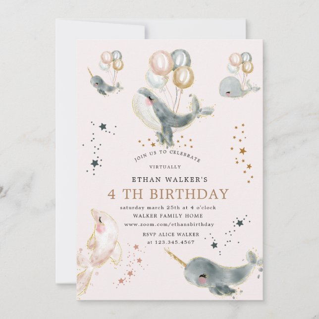 Invitación fiesta de cumpleaños virtual de ballenas mágicas y (Anverso)