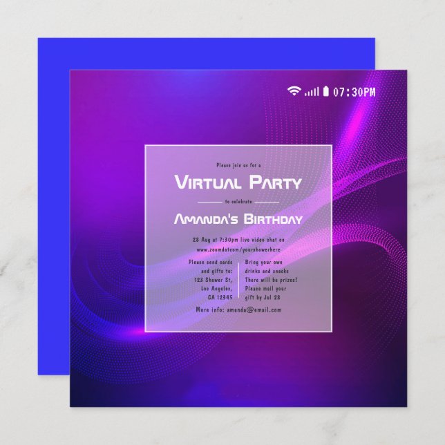 Invitación Fiesta de cumpleaños virtual de brillo futurista (Anverso / Reverso)