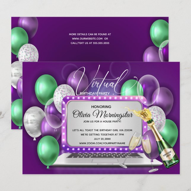 Invitación Fiesta de cumpleaños virtual de la laptop Purple B (Anverso / Reverso)