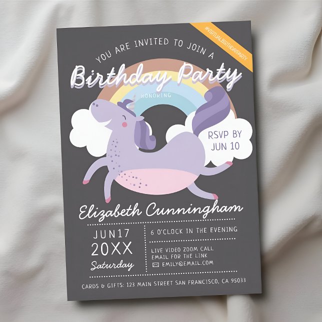 Invitación Fiesta de cumpleaños virtual de Rainbow Unicorn mo (Subido por el creador)