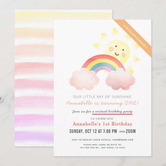 Invitación Fiesta de cumpleaños virtual de Sunshine & Rainbow (Anverso / Reverso)