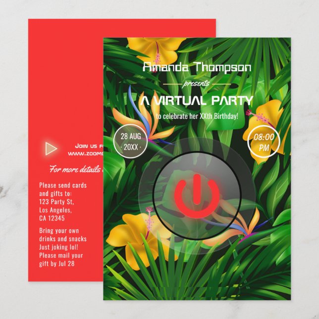 Invitación Fiesta de cumpleaños virtual de verano tropical (Anverso / Reverso)