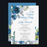 Invitación Fiesta de cumpleaños virtual Floral Blue Watercolo<br><div class="desc">Las vibrantes flores azules de color agua con brotes de azul claro y verde plateado y verde verde aportan vida a este diseño floral para su "fiesta virtual de cumpleaños".  Simplemente complete la plantilla proporcionada.  Diseño compuesto por Holiday Hearts Designs.</div>