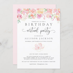 Invitación Fiesta de cumpleaños virtual Floral dorada rosada