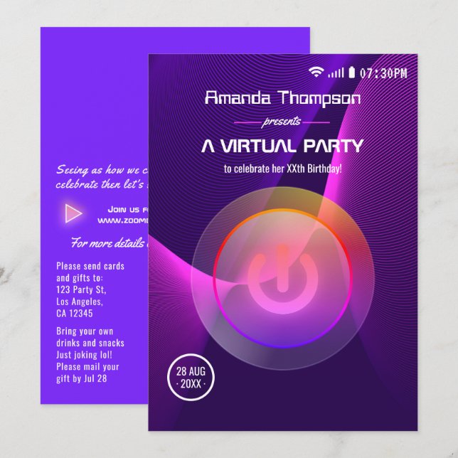 Invitación Fiesta de cumpleaños virtual geométrica futurista (Anverso / Reverso)
