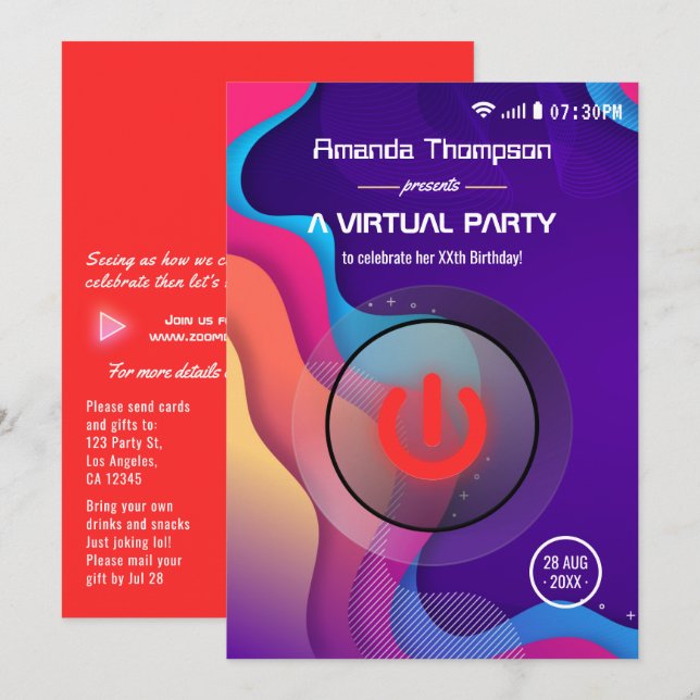 Invitación Fiesta de cumpleaños virtual geométrica futurista (Anverso / Reverso)